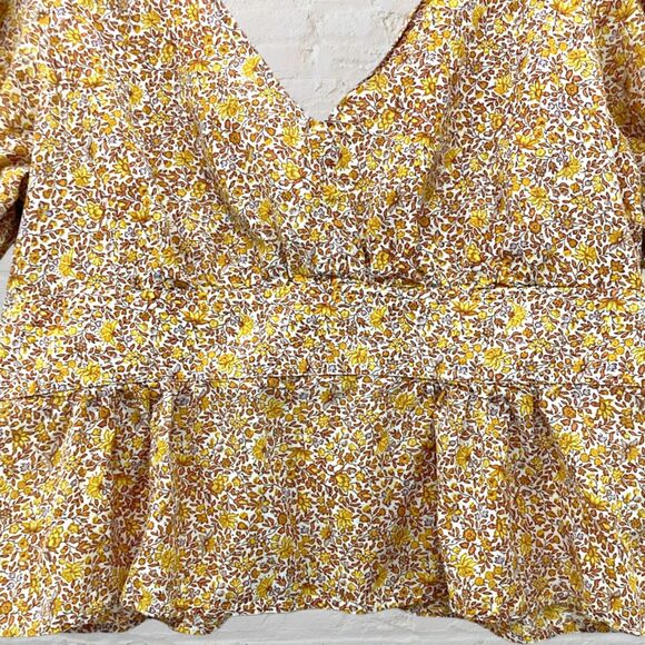 โจ J.Crew Deep V Puff Sleeve Blouse 16 ๐ Yellow Floral Peplum Cotton Blend ๐ธ - Picture 5 of 14